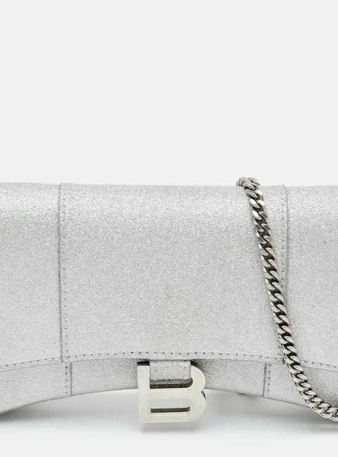 Balenciaga Hourglass Silver Glitter Leather Wallet On Chain