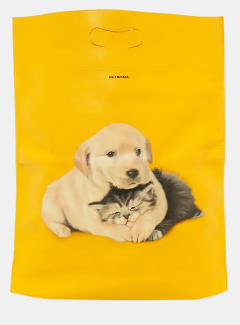 Balenciaga Puppy And Kitten Supermarket Yellow Leather Tote Bag