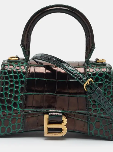 Balenciaga Hourglass XS Dark Green Croc Embossed Leather Top Handle Bag
