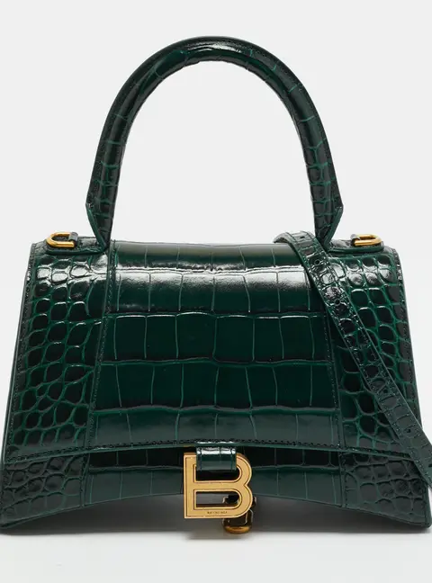 Balenciaga Hourglass Small Green Croc Embossed Leather Top Handle Bag