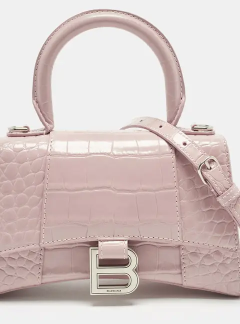 Balenciaga Hourglass XS Pink Croc Embossed Leather Top Handle Bag