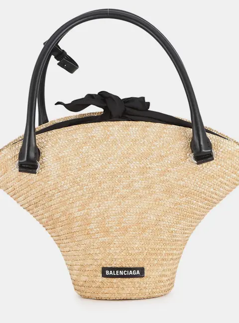 Balenciaga Beach Medium Beige Raffia Leather Top Handle Bag