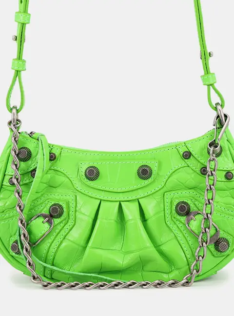 Balenciaga Le Cagole Mini Neon Green Crocodile Embossed Leather Shoulder Bag