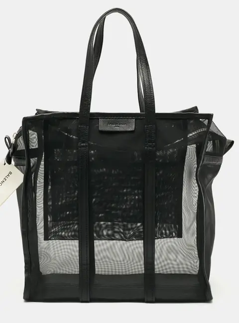 Balenciaga Bazar Medium Black Mesh Nylon and Leather Tote