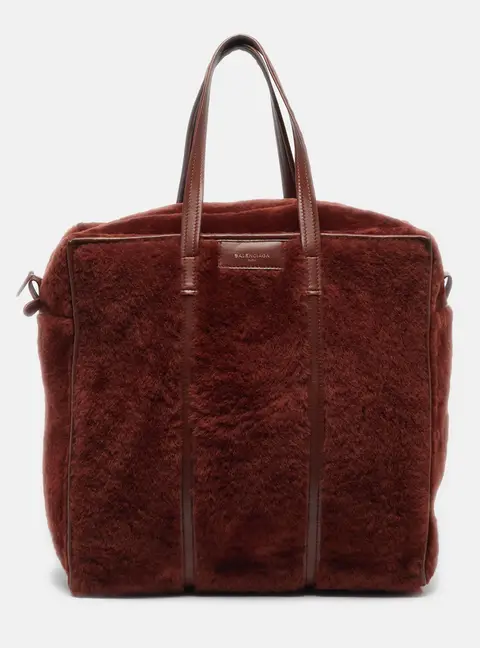 Balenciaga Bazar Medium Brown Shearling and Leather Tote