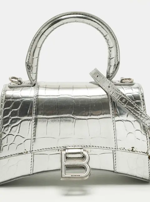 Balenciaga Hourglass XS Silver Croc Embossed Patent Leather Top Handle Bag