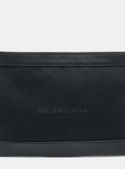 Balenciaga Navy Clip M Black Canvas and Leather Clutch