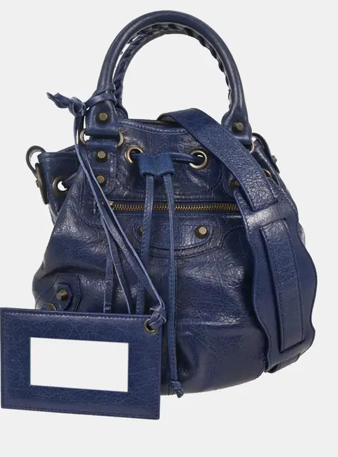 Balenciaga Classic Mini Pompon Blue Leather Drawstring Bag