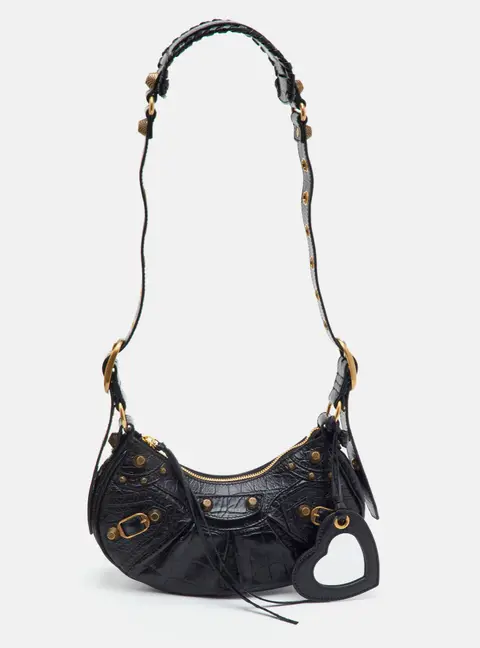Balenciaga Le Cagole XS Black Croc Embossed Leather Shoulder Bag