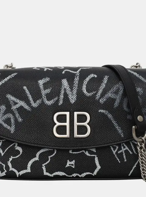 Balenciaga BB Round Medium Graffiti Logo Black Leather Shoulder Bag