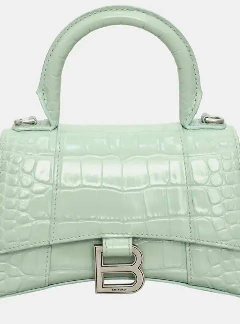 Balenciaga Hourglass XS Light Green Croc Embossed Calfskin Leather Top Handle Bag