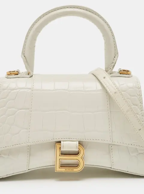 Balenciaga Hourglass XS Off White Croc Embossed Leather Top Handle Bag