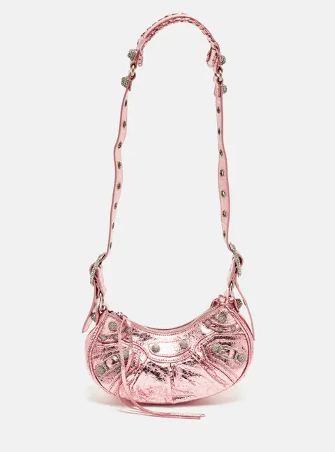 Balenciaga Le Cagole Crystals XS Metallic Pink Foil Leather Shoulder Bag