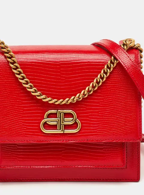 Balenciaga Sharp Red Lizard Embossed Patent Leather Flap Shoulder Bag