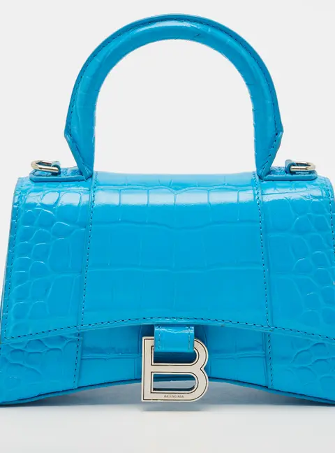 Balenciaga Hourglass XS Blue Croc Embossed Leather Top Handle Bag