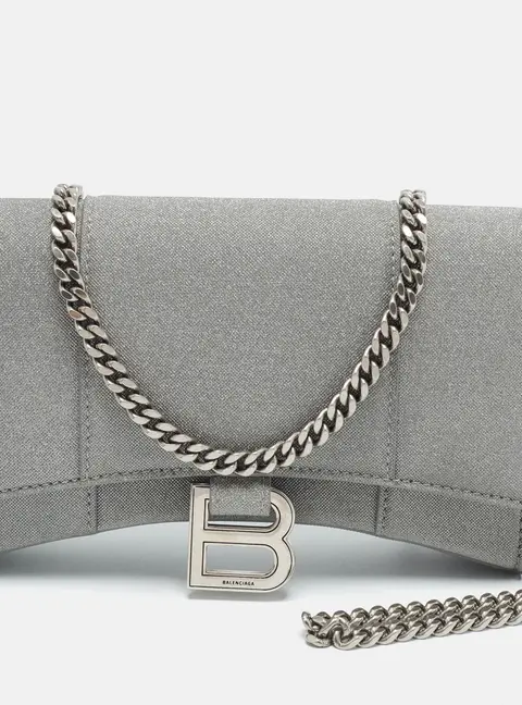 Balenciaga Hourglass Silver Glitter Leather Wallet on Chain