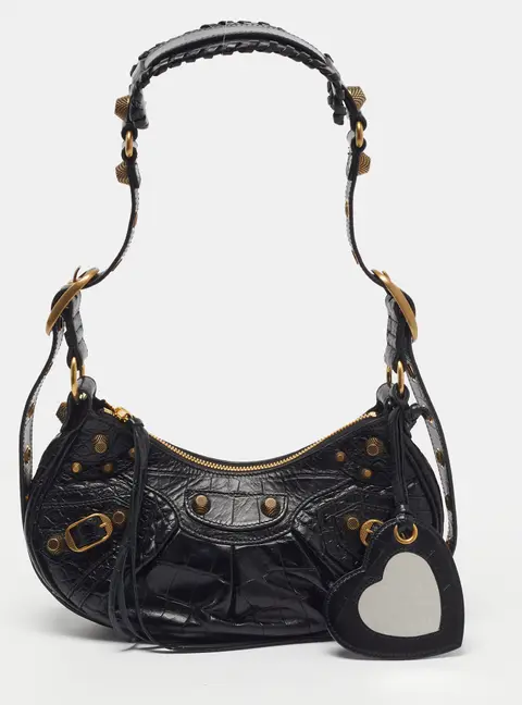 Balenciaga Le Cagole XS Black Croc Embossed Leather Shoulder Bag