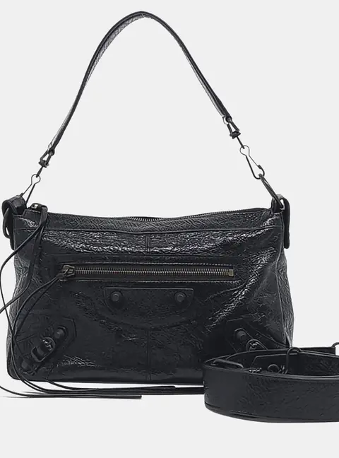 Balenciaga Le City Moto Small Black Crinkled Lambskin Leather Shoulder Bag