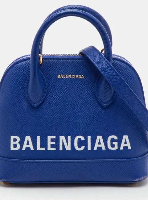 Balenciaga Ville XXS Blue Leather Logo Print Satchel