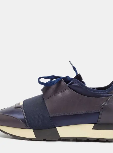 Balenciaga Navy Blue Fabric and Leather Race Runner Lace Up Sneakers Size 37