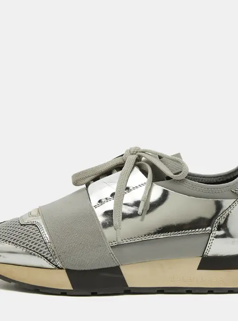 Balenciaga Race Runner Size 36 Silver Leather and Mesh Lace Up Sneakers