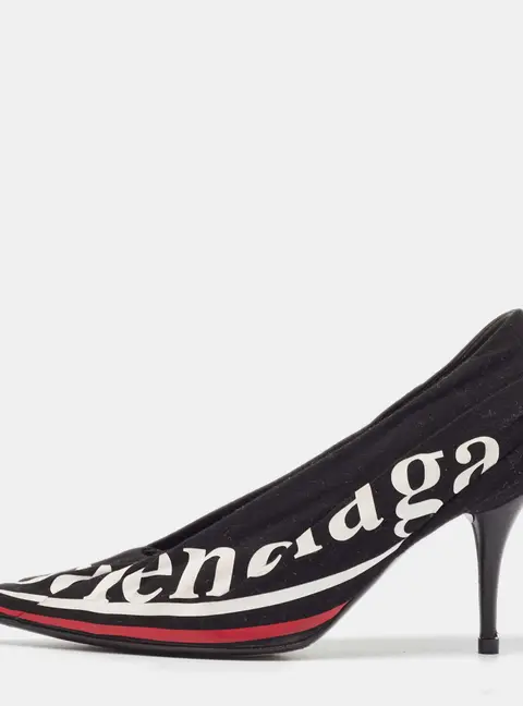 Balenciaga Black Logo Print Fabric Knife Pumps Size 38