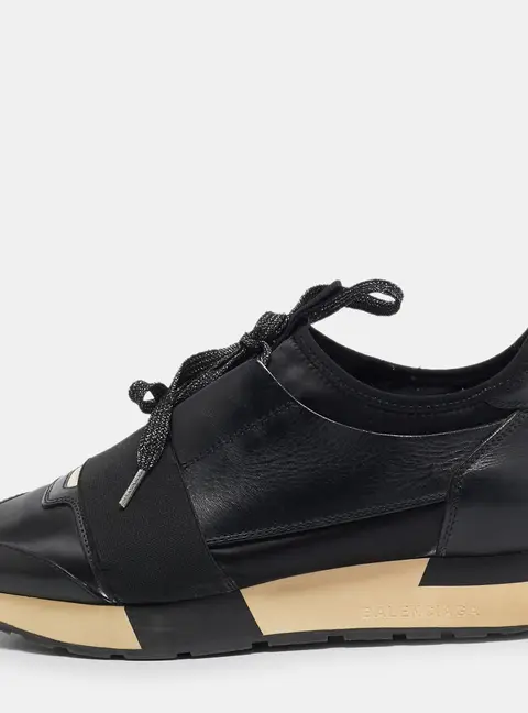 Balenciaga Race Runner Size 37 Black Fabric and Leather Lace Up Sneakers