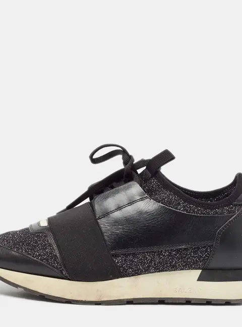 Balenciaga Black Fabric and Leather Race Runner Lace Up Sneakers Size 38
