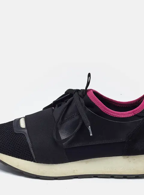 Balenciaga Black Fabric and Leather Race Runner Lace Up Sneakers Size 37