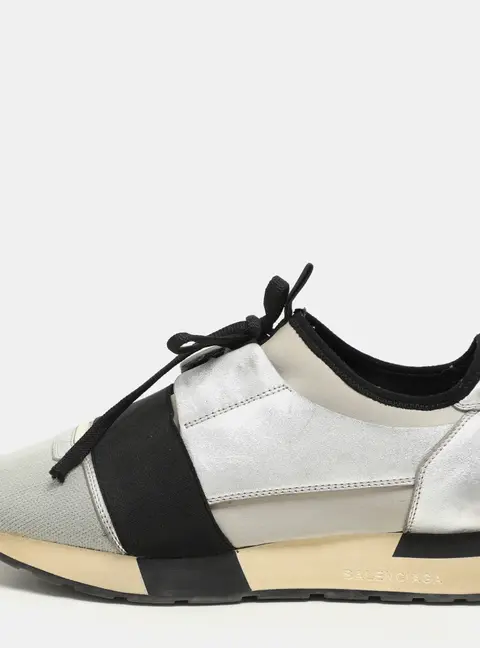 Balenciaga Silver Leather and Knit Fabric Race Runner Low Top Sneakers Size 39
