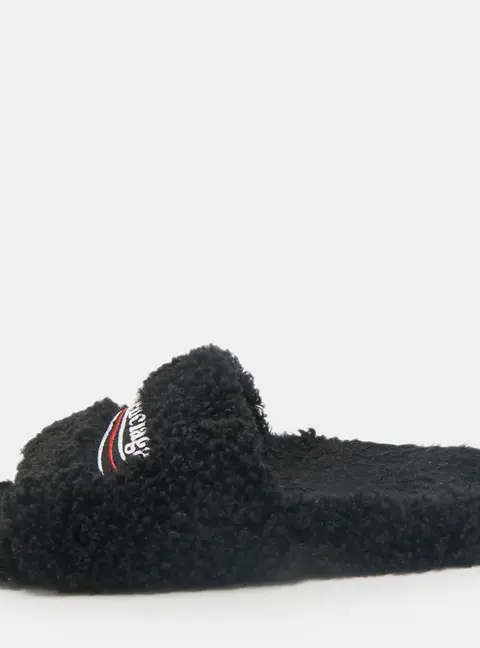 Balenciaga Black Faux Shearling Fur Furry Slide Sandals Size 42