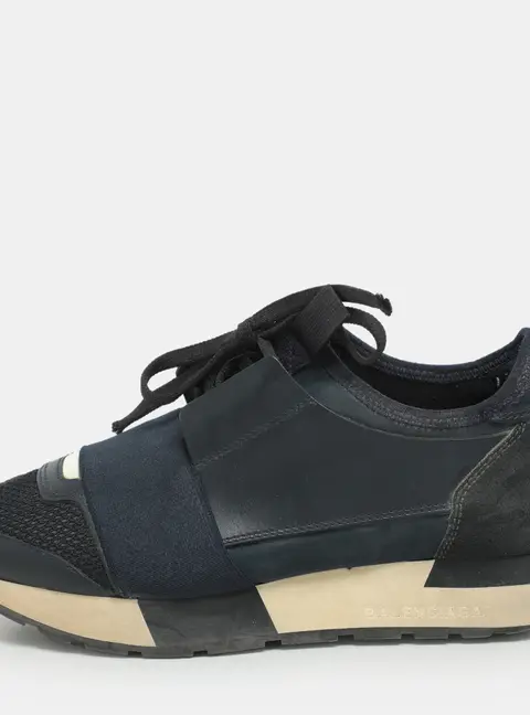 Balenciaga Race Runner Size 35 Navy Blue Leather, Mesh and Suede Low Top Sneakers