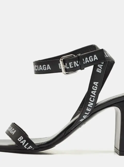 Balenciaga Black Logo Print Leather Ankle Strap Sandals Size 38