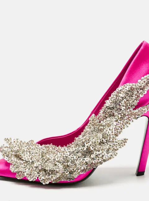 Balenciaga Pink Satin Sequins Embellished Slash Pumps Size 39