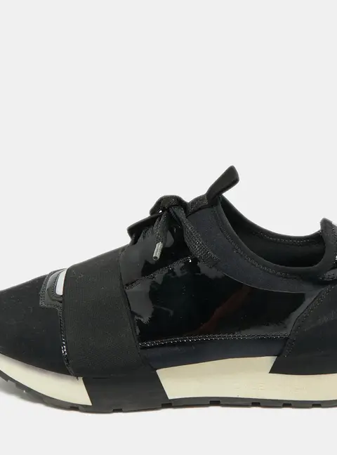 Balenciaga Black Nylon and Patent Leather Race Runner Lace Up Sneakers Size 38