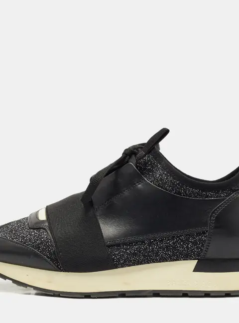 Balenciaga Black/Silver Fabric and Leather Race Runner Lace Up Sneakers Size 38
