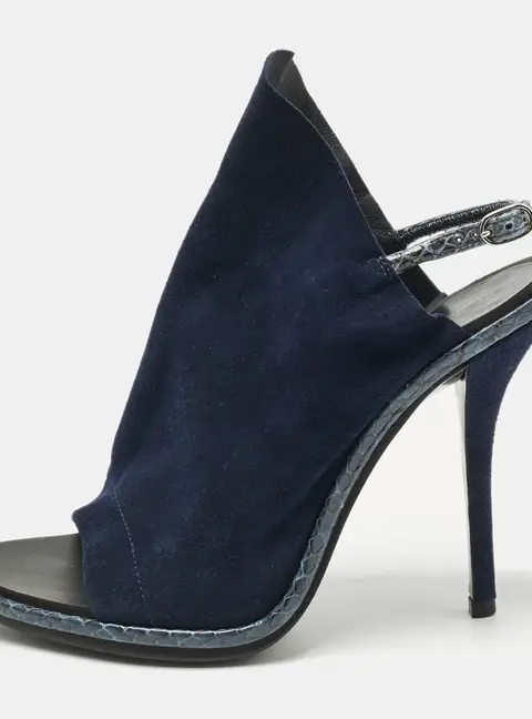 Balenciaga Navy Blue Suede and Python Open Toe Glove Slingback Sandals Size 39.5