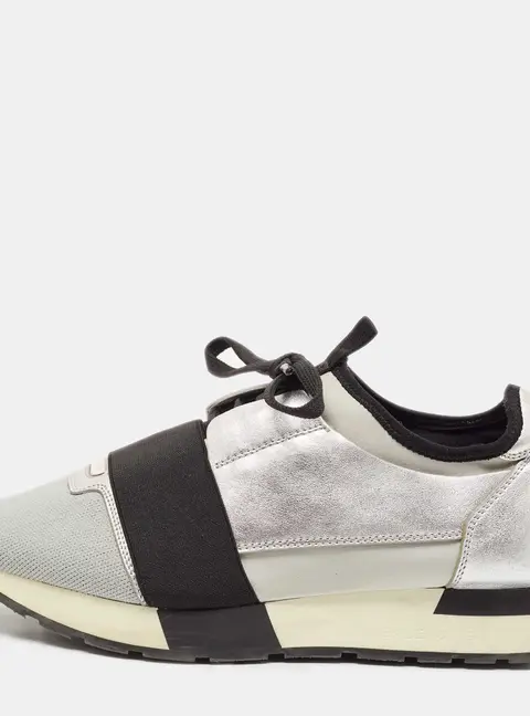 Balenciaga Silver Leather and Knit Fabric Race Runner Low Top Sneakers Size 39