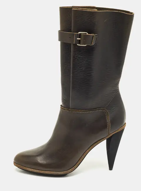 Balenciaga Dark Green Leather Buckle Details Mild Calf Length Boots Size 37.5