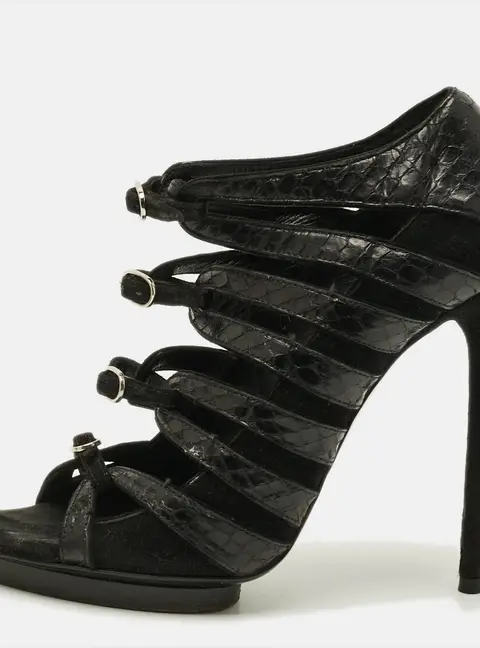 Balenciaga Size 37.5 Black Python Leather Suede Strappy Sandals
