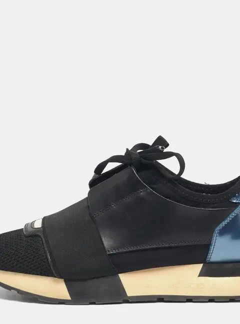 Balenciaga Black/Blue Mesh and Leather Race Runner Low Top Sneakers Size 36