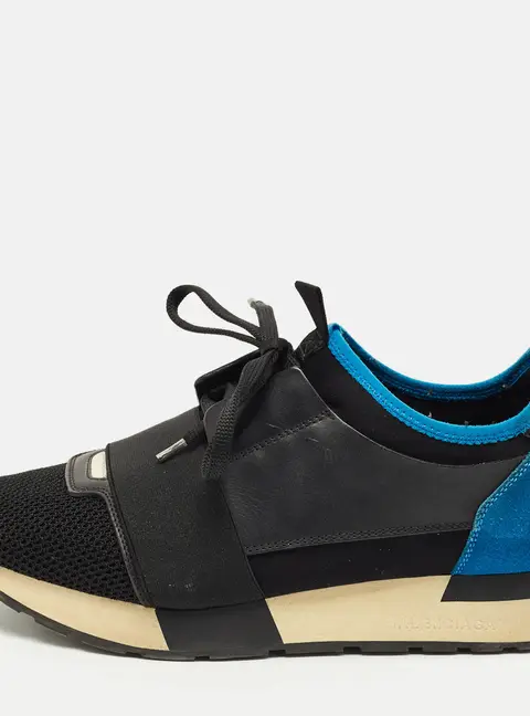 Balenciaga Black/Blue Fabric and Leather Race Runner Low Top Sneakers Size 39