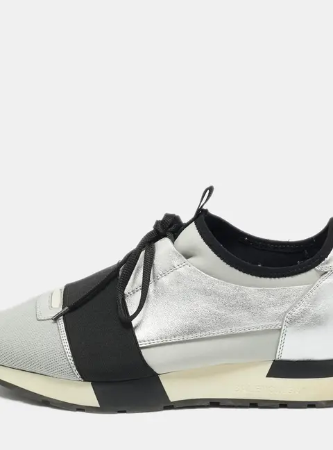 Balenciaga Race Runner Size 39 Silver Leather, Mesh and Neoprene Low Top Sneakers