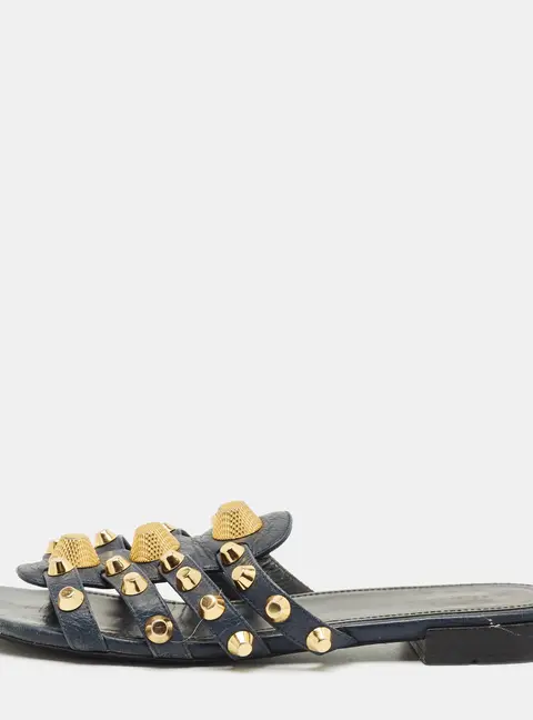 Balenciaga Navy Blue Leather Studded Arena Flat Slides Size 39