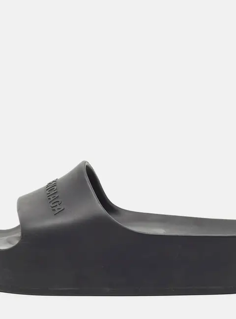 Balenciaga Size 36 Black Rubber Logo Chunky Pool Flat Slide