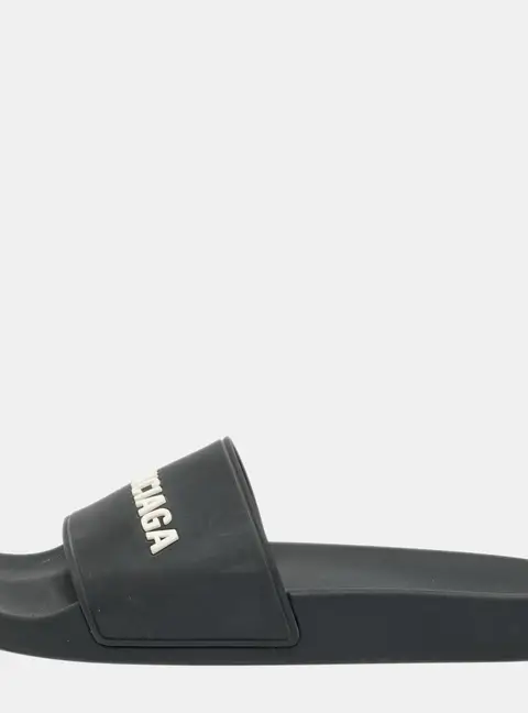 Balenciaga Size 40 Black Rubber Logo Pool Slide Sandals