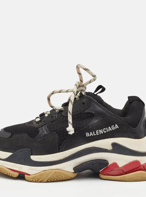Balenciaga Triple S Size 38 Black Faux Leather and Mesh Lace Up Sneakers