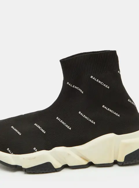 Balenciaga Speed Trainer Size 38 Black Knit Fabric Allover Logo Slip On Sneakers