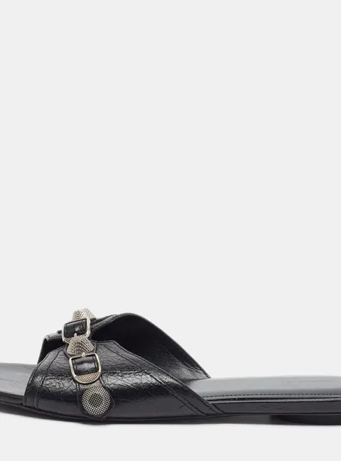 Balenciaga Le Cagole Size 40 Black Leather Flat Slides