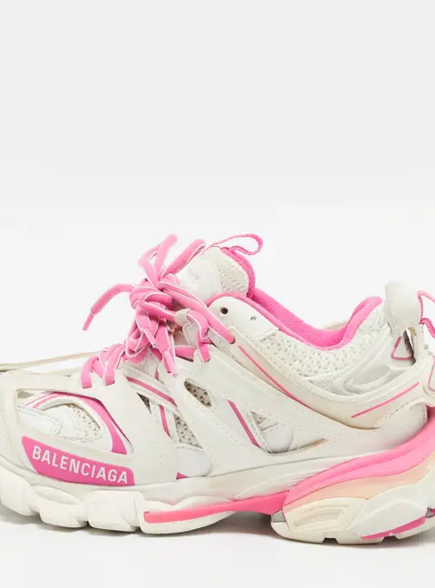 Balenciaga Track Size 34 White/Pink Faux Leather and Mesh Lace Up Sneakers